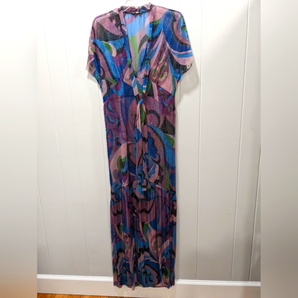 Zara Multicolor Pink Blue Green Paisley Maxi Dress